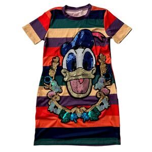 Donald Duck Sequin Shiny Rainbow Striped Stretch Short Sleeve T‎ Shirt Dress M